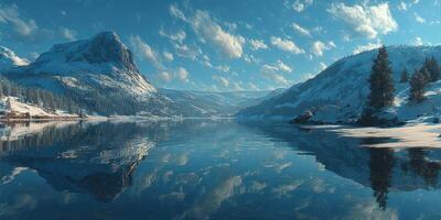 Beautiful winter landscape with snowy mountains and calm lake reflecting blue sky and clouds photo