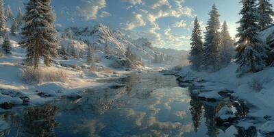 Winter landscape with snow-covered trees and a calm river reflecting clouds and mountains at sunrise photo