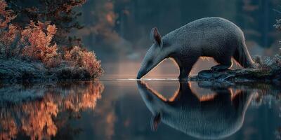 Aardvark drinking water at dawn by a tranquil forest lake reflected in the still surface photo