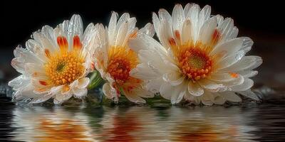 Dew-kissed white daisies reflecting on calm water with vibrant orange centers in a serene natural setting photo