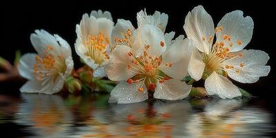 Blossoming white flowers with orange centers reflected in calm water at dawn in a serene natural setting photo