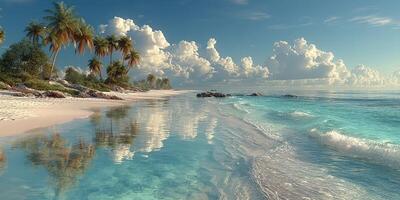 Serene coastal view with golden sand and turquoise water during sunny day photo