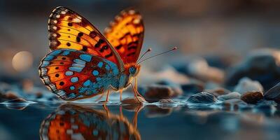 Colorful butterfly resting on a rock by a small water puddle during golden hour in nature photo