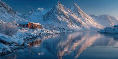 Majestic snow-covered mountains reflect in calm water with a cozy cabin by the shore during twilight in a serene winter landscape photo
