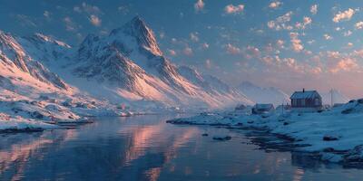 Snow-covered mountains reflect in a tranquil river under a pastel sky at dawn in a remote village photo