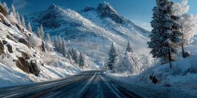 Snow-covered mountain road during winter under clear blue sky with tall pine trees lining the way photo