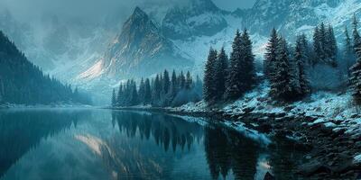 Snow-covered mountains with a tranquil lake reflecting the landscape during early morning light photo