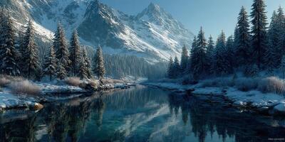 Majestic winter landscape showcases mountains, snowy trees, and a tranquil river reflecting the scenery in bright sunlight photo