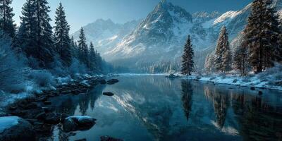Stunning winter landscape with a serene river reflecting snow-capped mountains in a tranquil setting at dawn photo