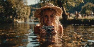Woman in a straw hat enjoying photography while wading in a tranquil river during a sunny afternoon in nature photo