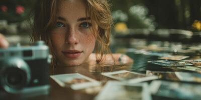 Girl in water surrounded by photographs captures memories with vintage camera in serene setting photo
