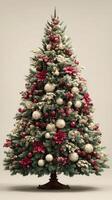 Decorated Christmas tree with red and white ornaments in a cozy indoor setting during the festive season photo