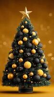 Elegant Christmas tree decorated with gold and black ornaments on a golden background for festive celebrations photo