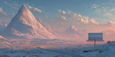 Snow-covered mountains under a pink sky with an empty billboard in a tranquil landscape at sunset photo
