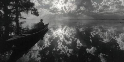 Calm morning on the water with a lone figure in a canoe reflecting on peaceful skies and clouds photo