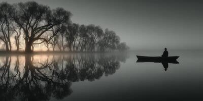 Silhouetted figure in a boat on a misty lake with reflected trees at dawn photo