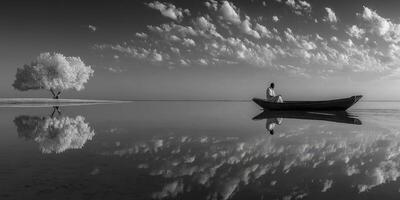 Man in a boat reflects on a calm lake surrounded by a solitary tree under a sky filled with clouds photo