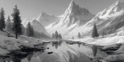 Majestic snow-covered mountains and serene river reflecting the landscape in monochrome photo