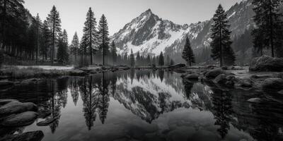 Majestic mountains reflect in still waters during early morning light in a serene wilderness setting photo