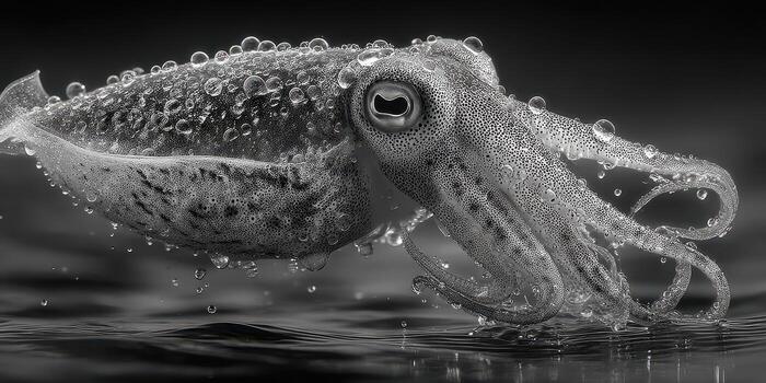 Incredible black and white close-up of a squid gliding through water, showcasing intricate textures and details photo