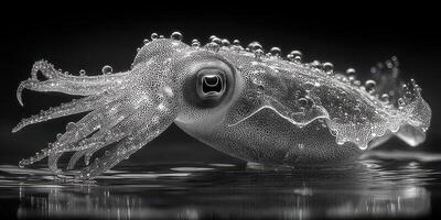 Unique transparent squid swimming gracefully in dark waters with shining droplets photo