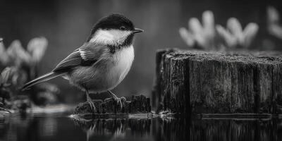Bird perched on a wooden stump by the water in a tranquil natural setting during daylight photo