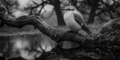 Bird perched on a mossy branch by a calm water body with trees in the background during early morning hours photo