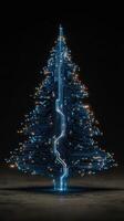 Futuristic Christmas tree design featuring glowing circuits and lights against a dark backdrop photo