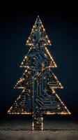 Colorful Christmas tree shaped circuit board illuminated with lights in a dark background creating a modern festive atmosphere photo