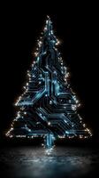 Modern Christmas tree design featuring glowing circuit patterns and lights in a dark setting for a futuristic holiday ambiance photo
