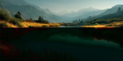 Calm waters reflect golden grass along a serene valley in the early morning light photo