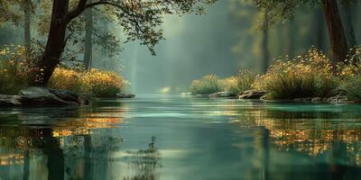 Serene forest river reflecting golden flowers and vibrant greenery during early morning light in a tranquil landscape photo