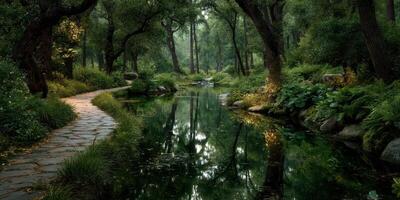 Serene path lined by greenery and reflecting water in a tranquil forest during the late afternoon photo