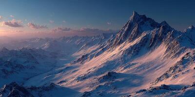 Majestic mountain landscape at sunset with snow-covered peaks and serene valley photo