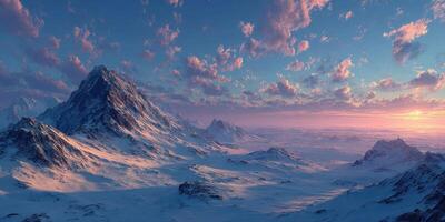 Breathtaking mountain landscape at sunset with colorful clouds and snow-covered peaks photo