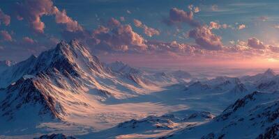Stunning mountain range with snow-covered peaks at dusk showcasing a colorful sky in the early evening photo