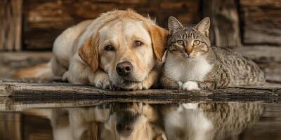 Dog and cat resting together peacefully by a body of water in a tranquil rural setting during the golden hour of evening photo