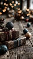 Rustic wooden gifts adorned with festive ornaments and warm lights during the holiday season photo