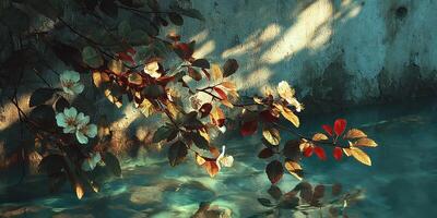 Captivating floral reflections in tranquil blue water with sunlight dancing on the surface photo