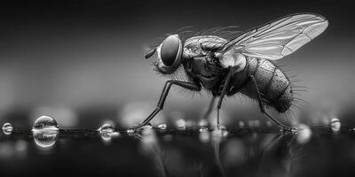 Close-up view of a fly on a surface covered in water droplets, highlighting fine details of its body in a monochromatic setting photo