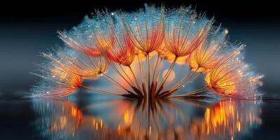 Delicate dandelion seeds reflect shimmering lights in a tranquil water surface at dusk photo