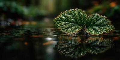 Green leaves with water droplets reflecting in calm water during a serene moment in nature photo