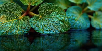 Close-up view of vibrant green leaves reflecting in calm water with hints of nature's texture during a sunny day in a tranquil garden photo
