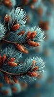 Close-up view of pine tree branches with blue needles and orange cones in a tranquil forest setting during early summer photo