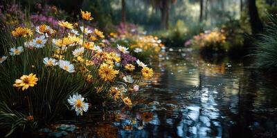 Colorful flowers bloom along a peaceful stream in a serene natural setting during early morning light photo