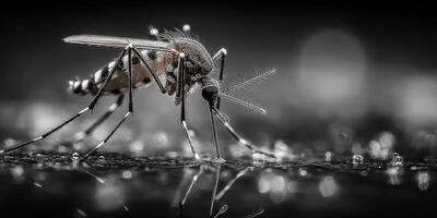 Close-up view of a mosquito feeding on water droplets in a dark environment during nighttime photo