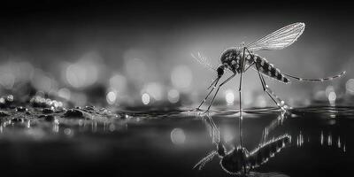 Mosquito resting on water surface with reflection in a serene, blurred background during twilight photo