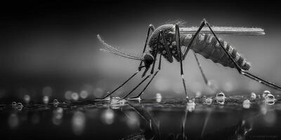 Close-up of a mosquito on a surface with water droplets captured in black and white during early morning hours photo