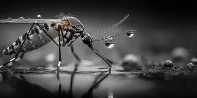 Close-up view of a mosquito with water droplets on its body during early morning hours photo