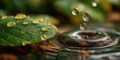 Water droplets landing on leaves create ripples on a tranquil surface in a natural setting during daytime photo